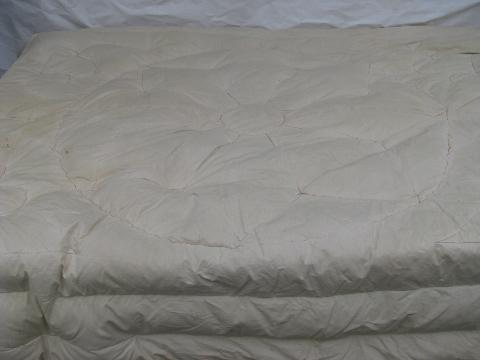 photo of primitive old feather tick bed or duvet, vintage cotton chambray fabric #1