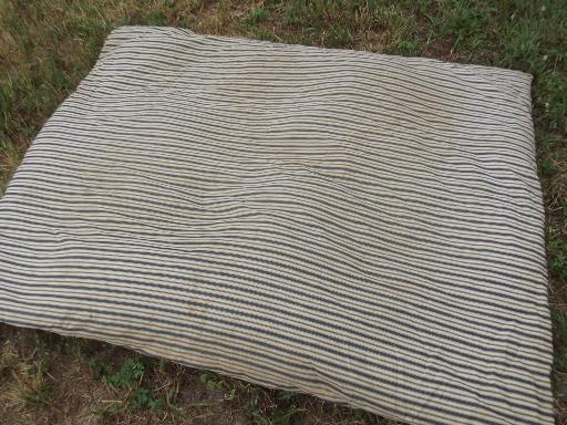 photo of primitive old feather tick bed, vintage blue & white stripe cotton ticking #1