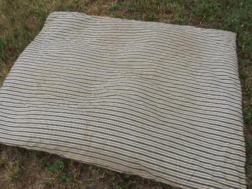 catalog photo of primitive old feather tick bed, vintage blue & white stripe cotton ticking