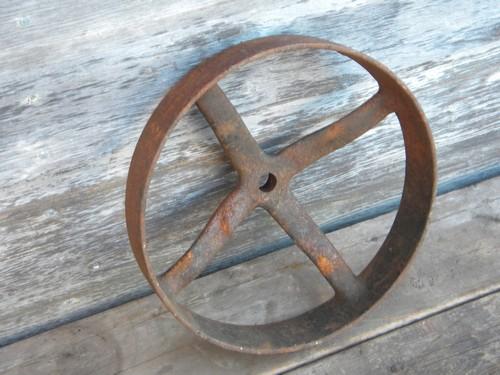 photo of primitive old flat belt farm pulley, hit & miss engine vintage #1