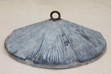 catalog photo of primitive old galvanized zinc metal smoke bell light shade, vintage chicken feeder lid cover