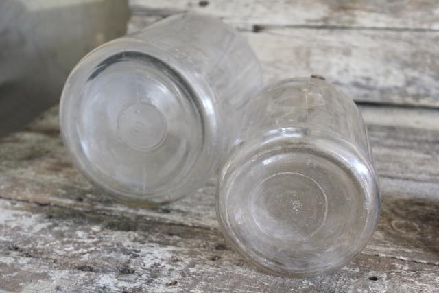 photo of primitive old glass half & gallon bottles, moonshine jug jars w/ wire bail wood handles #7