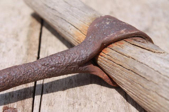 photo of primitive old hand forged iron hook, bale hook or butcher's meat hook, early 1900s antique #8