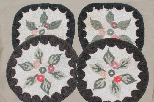 photo of primitive old handmade hooked wool chair mats, flowered rug seats for kitchen chairs #1