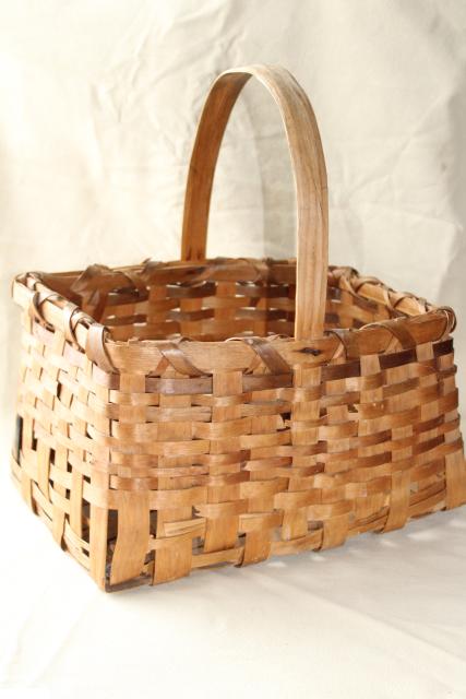 photo of primitive old handmade wood split splint woven basket, farm country basket vintage 1936 #1