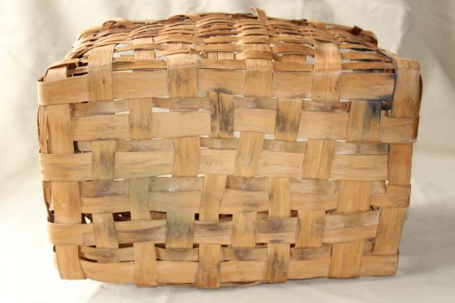 photo of primitive old handmade wood split splint woven basket, farm country basket vintage 1936 #11