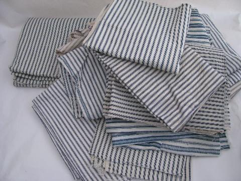 photo of primitive old indigo stripe cotton ticking fabric, vintage remnant lot #1