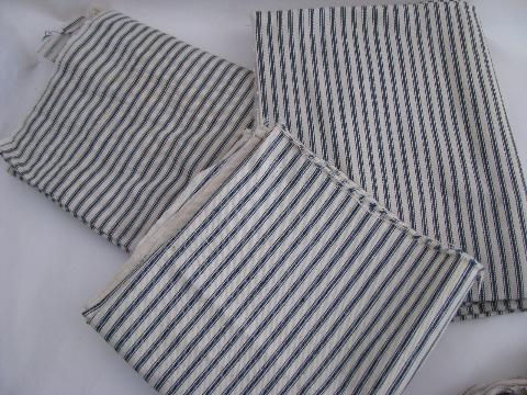 photo of primitive old indigo stripe cotton ticking fabric, vintage remnant lot #3