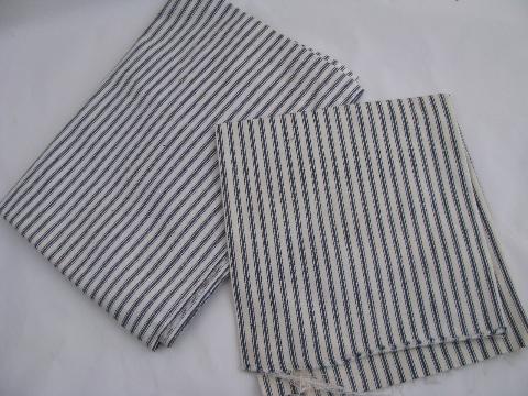 photo of primitive old indigo stripe cotton ticking fabric, vintage remnant lot #6