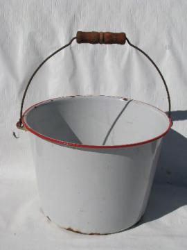 catalog photo of primitive old leaky farm kitchen pail, graniteware enamel bucket