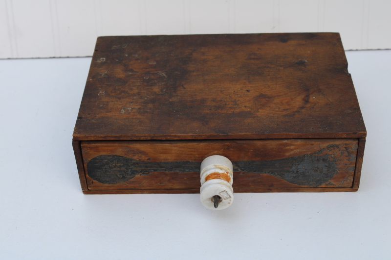 photo of primitive old make do drawer, finger jointed wooden cigar box w/ vintage porcelain insulator knob #1