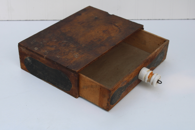 photo of primitive old make do drawer, finger jointed wooden cigar box w/ vintage porcelain insulator knob #2