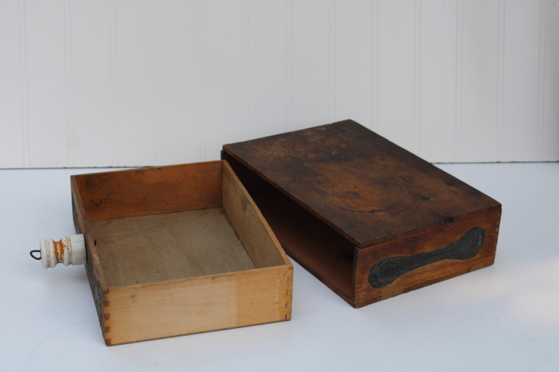 photo of primitive old make do drawer, finger jointed wooden cigar box w/ vintage porcelain insulator knob #3