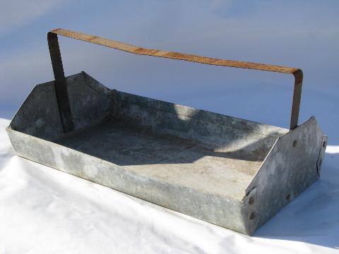 photo of primitive old metal tote box carrier w/handle from farm estate for garden tools etc #1