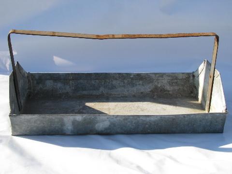 photo of primitive old metal tote box carrier w/handle from farm estate for garden tools etc #2