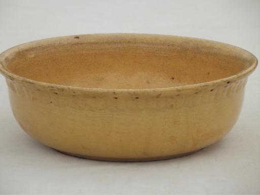 photo of primitive old mustard yellow pottery bowl, antique yellow ware cream pan #1