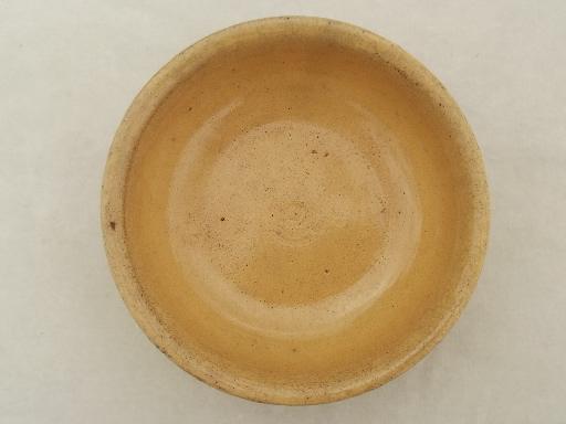 photo of primitive old mustard yellow pottery bowl, antique yellow ware cream pan #2