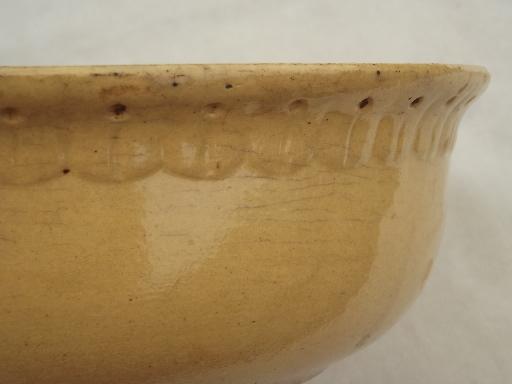 photo of primitive old mustard yellow pottery bowl, antique yellow ware cream pan #5