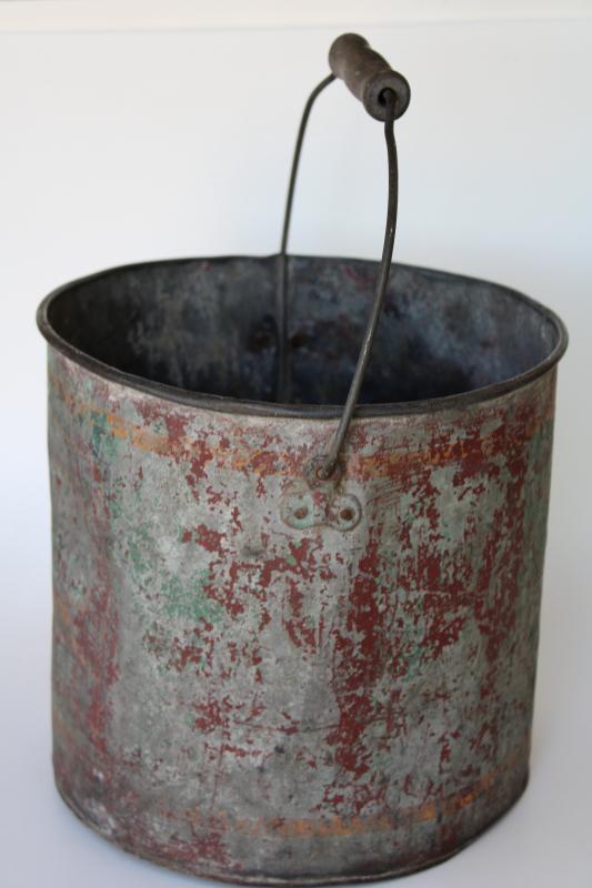 photo of primitive old painted metal bucket, wood handle pail w/ worn vintage advertising #4