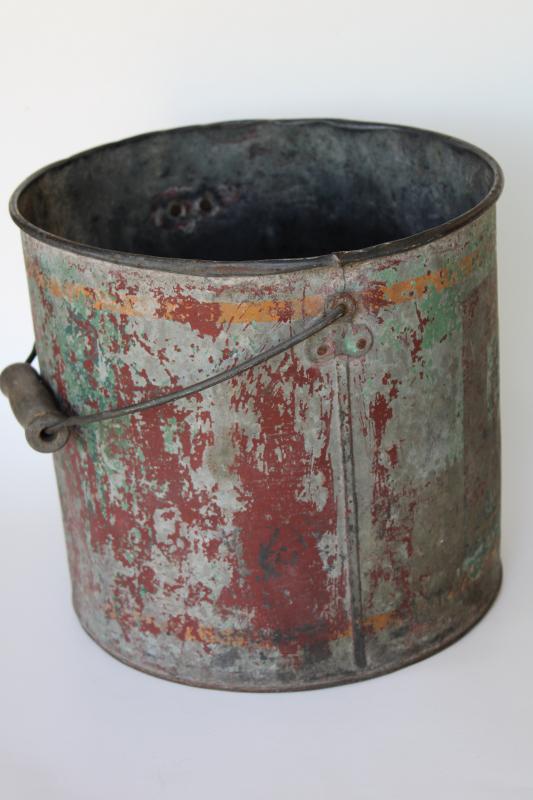 photo of primitive old painted metal bucket, wood handle pail w/ worn vintage advertising #6