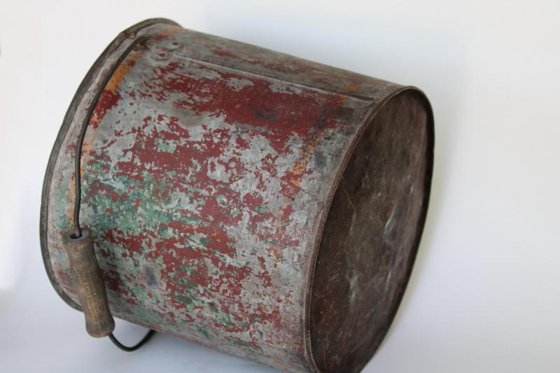 photo of primitive old painted metal bucket, wood handle pail w/ worn vintage advertising #7