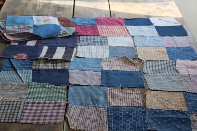 photo of primitive old patchwork quilt blocks, antique print calico & shirting fabric #1