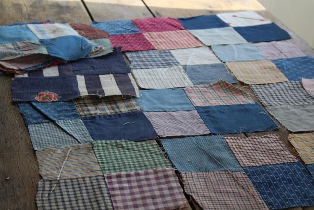 photo of primitive old patchwork quilt blocks, antique print calico & shirting fabric #6