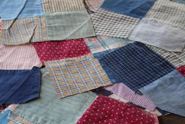 photo of primitive old patchwork quilt blocks, antique print calico & shirting fabric #8