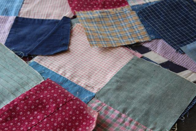 photo of primitive old patchwork quilt blocks, antique print calico & shirting fabric #9