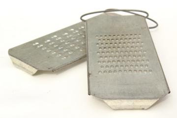 catalog photo of primitive old punched tin slaw boards vegetable graters or cheese shredders, vintage kitchen tools