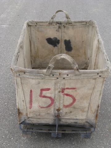 photo of primitive old shop or factory cart w/ canvas sides, vintage mail or laundry bin #3