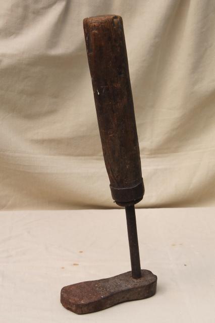 photo of primitive old spoke handled tool, steampunk wood leg antique iron foot form shoe shape #1