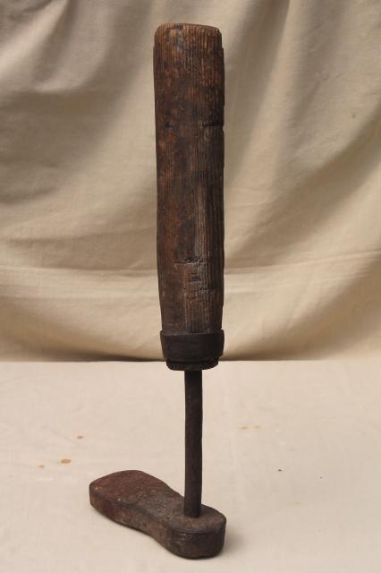 photo of primitive old spoke handled tool, steampunk wood leg antique iron foot form shoe shape #4