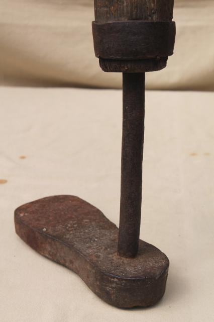 photo of primitive old spoke handled tool, steampunk wood leg antique iron foot form shoe shape #5