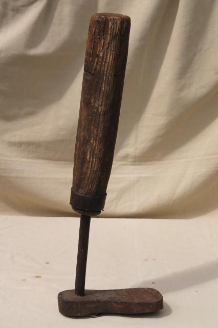 photo of primitive old spoke handled tool, steampunk wood leg antique iron foot form shoe shape #8