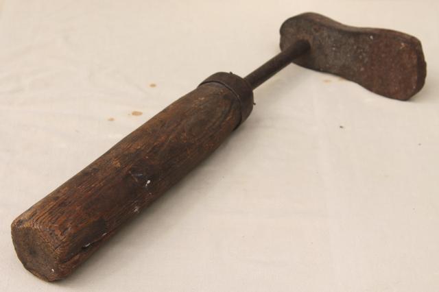 photo of primitive old spoke handled tool, steampunk wood leg antique iron foot form shoe shape #9