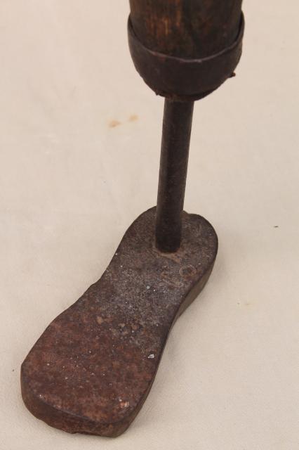 photo of primitive old spoke handled tool, steampunk wood leg antique iron foot form shoe shape #10