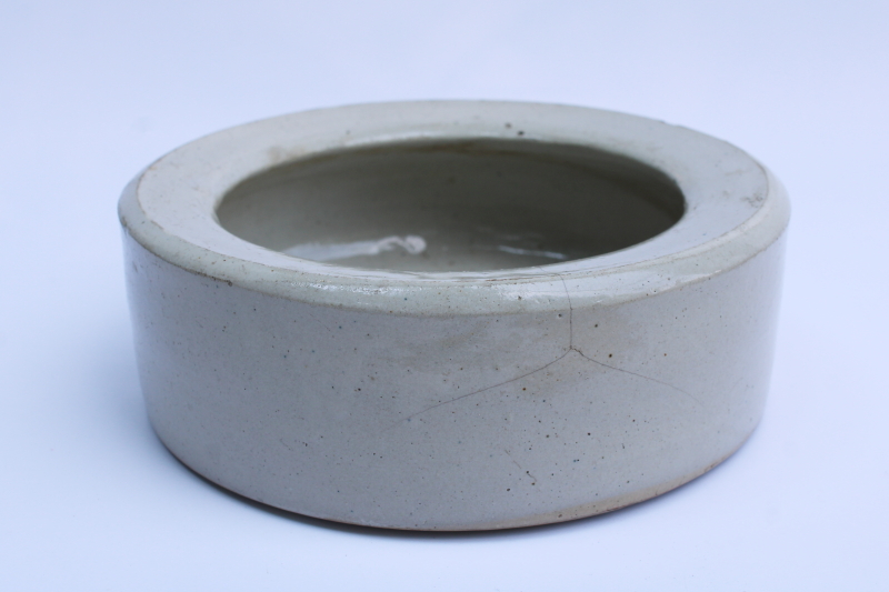photo of primitive old stoneware crock bowl, farm chicken feed or water dish, vintage chick feeder  #1