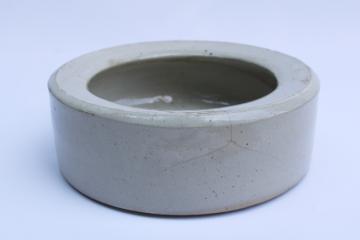 catalog photo of primitive old stoneware crock bowl, farm chicken feed or water dish, vintage chick feeder 