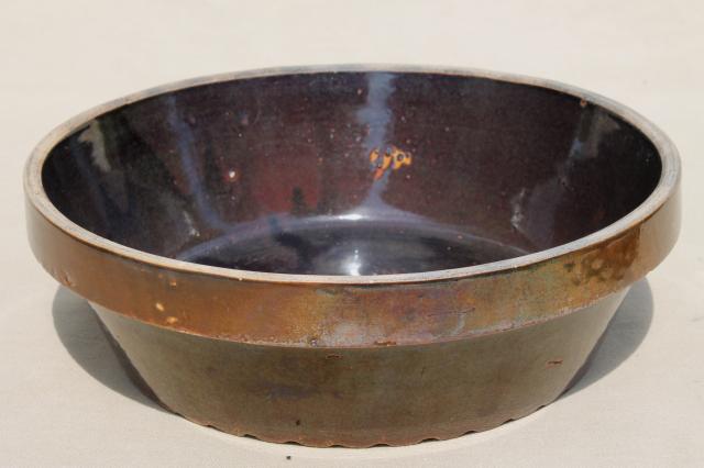 photo of primitive old stoneware crock bowl - meat pie dish, baked beans baker, or milk pan  #1