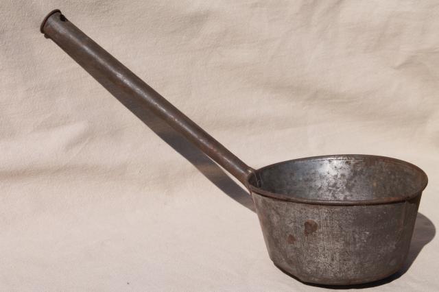 photo of primitive old tin metal dipper, big soup ladle or water pail drinking cup #2