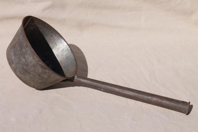 photo of primitive old tin metal dipper, big soup ladle or water pail drinking cup #3