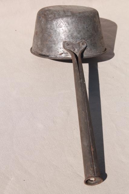 photo of primitive old tin metal dipper, big soup ladle or water pail drinking cup #5