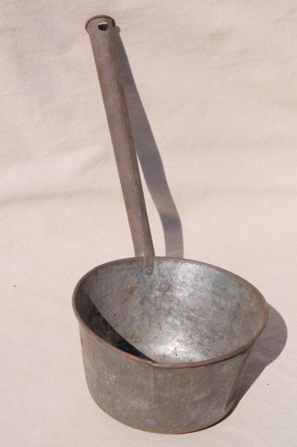 photo of primitive old tin metal dipper, big soup ladle or water pail drinking cup #6