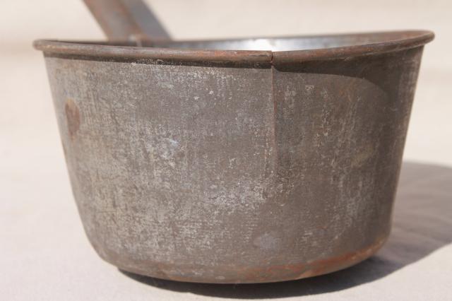 photo of primitive old tin metal dipper, big soup ladle or water pail drinking cup #7