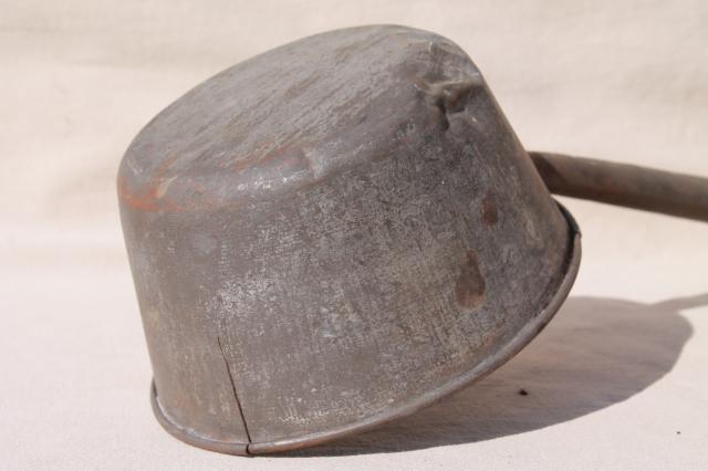 photo of primitive old tin metal dipper, big soup ladle or water pail drinking cup #8