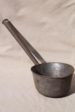 catalog photo of primitive old tin metal dipper, big soup ladle or water pail drinking cup