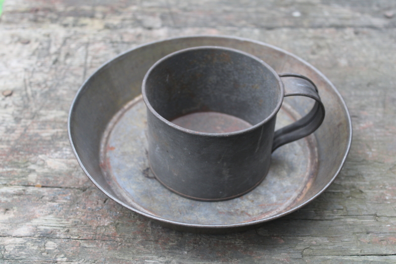 photo of primitive old tin plate & cup, rustic western cowboy vintage pan and mug  #6