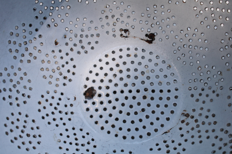 photo of primitive old white enamelware colander strainer round bowl w/ handle, vintage farmhouse  #4