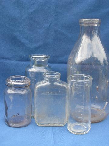 photo of primitive old white paint wood box full of vintage glass bottles #2